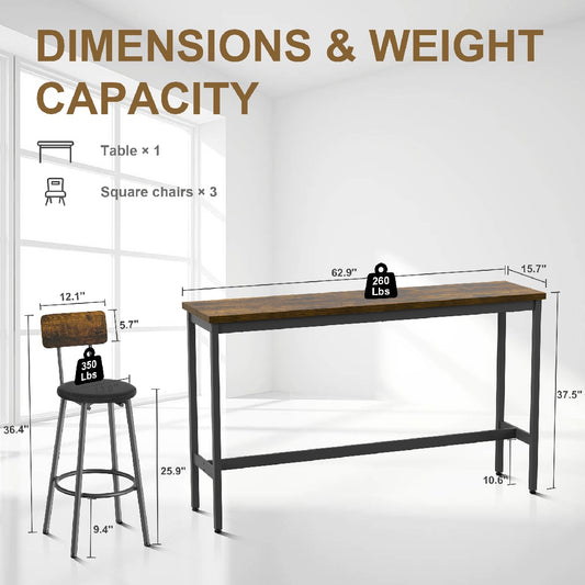 Only Supports Self Pickup-Long Dining Table Set With 3 PU Upholstered Bar Stools, Dining Table And Chairs Set, Industrial High Coffee Table And Back Chair