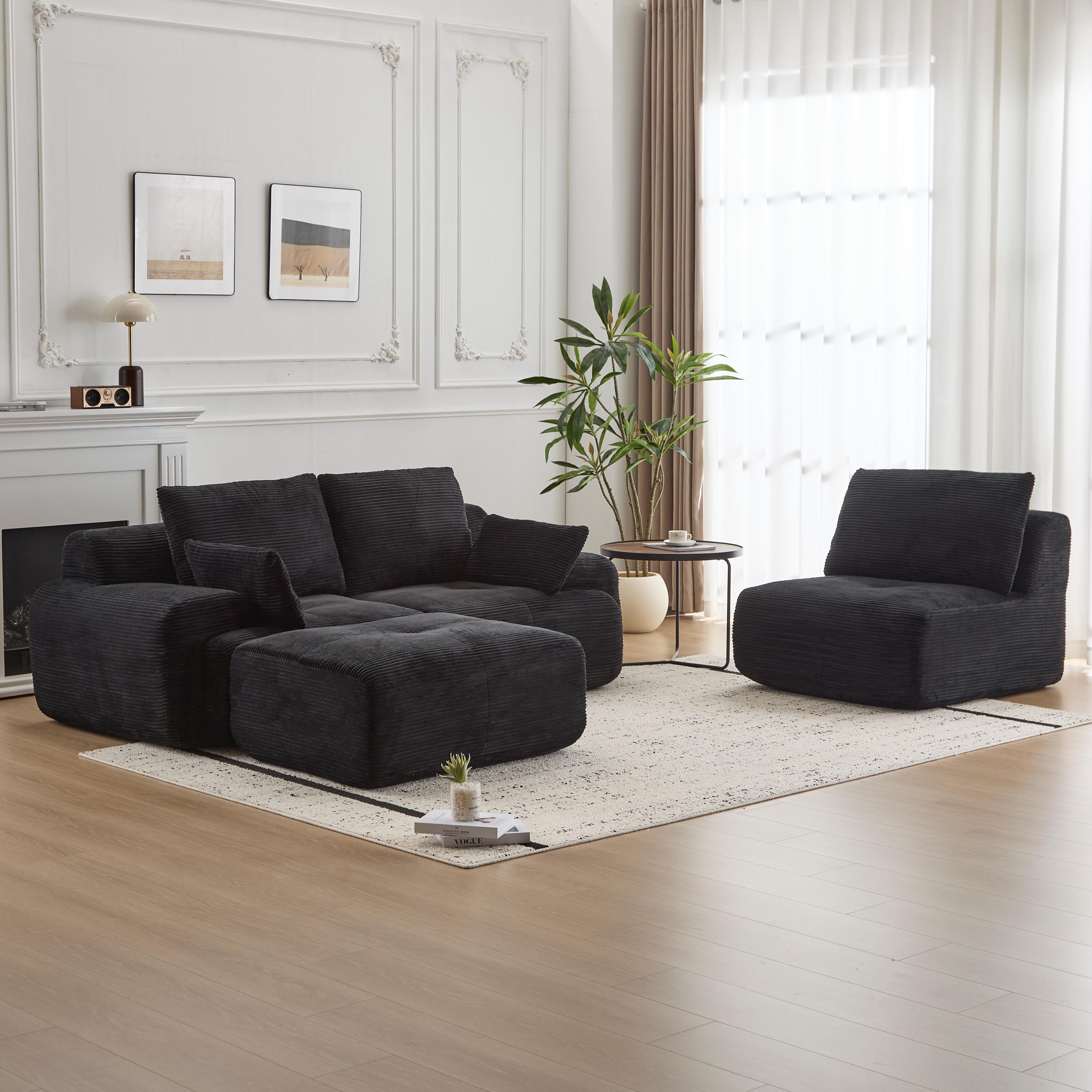 Black Corduroy Sectional Sofa Memory Foam Cushions