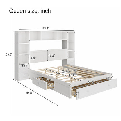 Queen Size Pine Wood Platform Bed With All-In-One 2 Nightstand, Storage Shelf And Cabinet Bookcase With 2 Charging Stations, Multi-Functional Captain Bed Frame With 3 Drawers, No Box Spring Needed