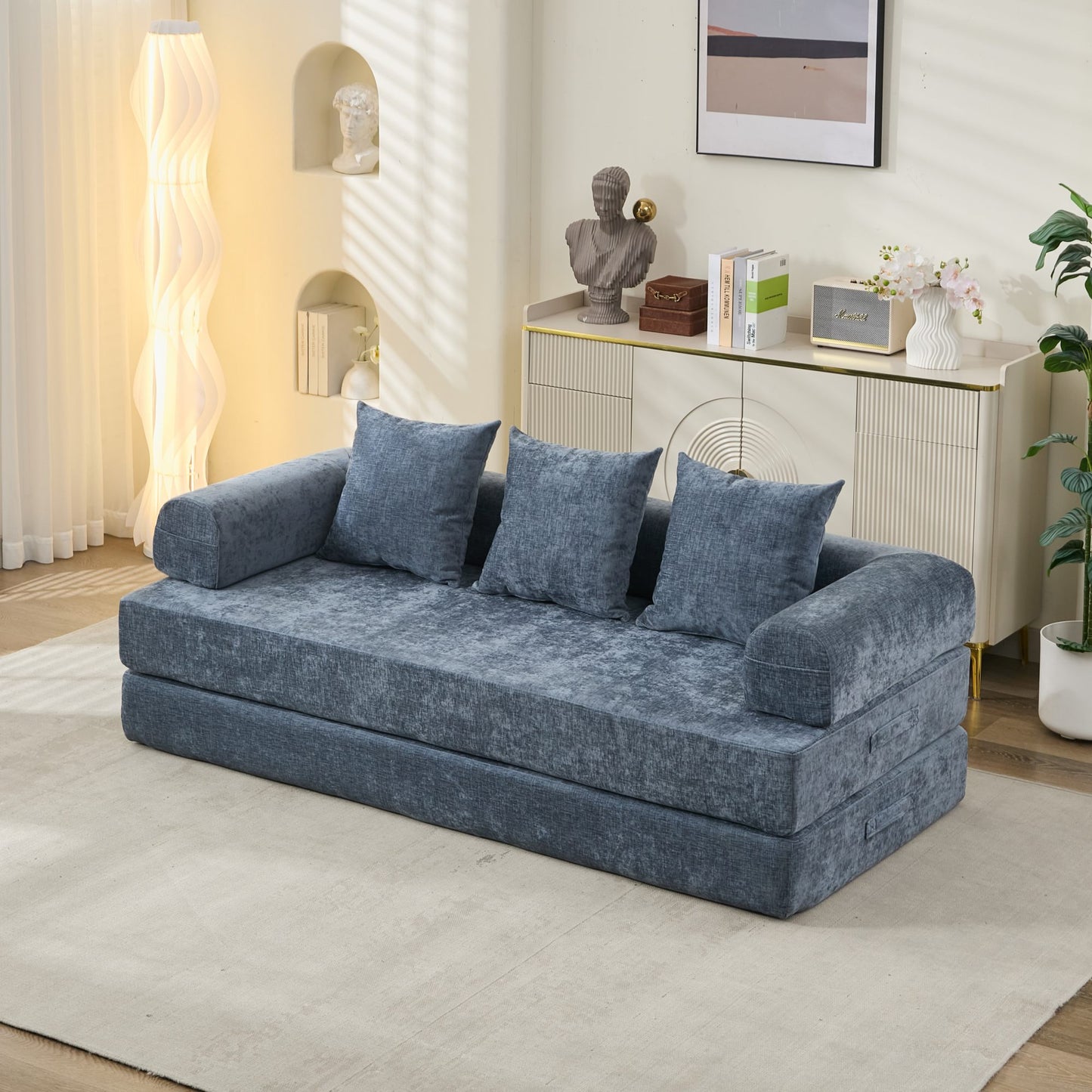 Comfy Convertible Folding Mattress Couch, Floor Sofa Bed, Chenille Floor Sofa With Armrest, Floor Sofa Lounge Couch For Living Room Bedroom Lounge Studio-Blue