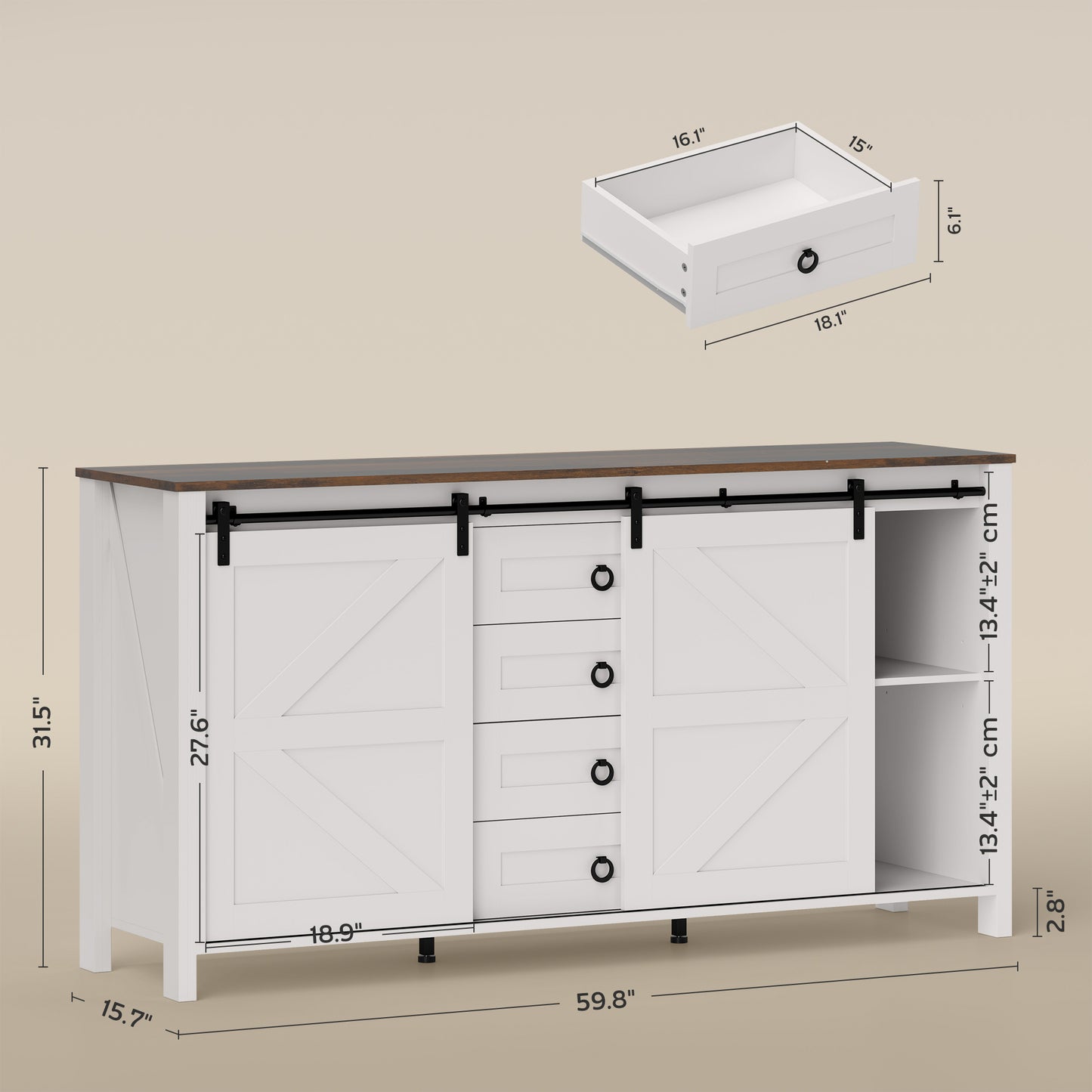 60 Buffet Cabinet, Farmhouse Sideboard With Sliding Barn Doors, Drawers And Adjustable Shelves, Distressed Cream White