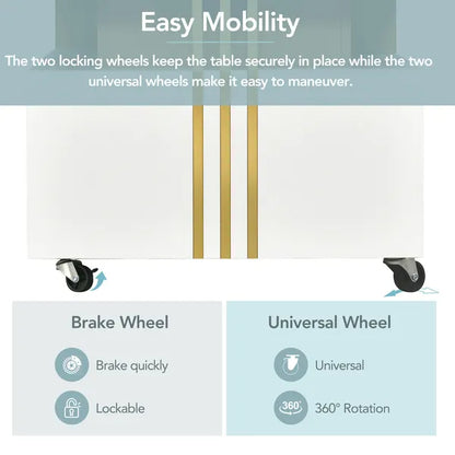 VIDEO Provided ON-TREND Contemporary Coffee Table With Faux Marble Top, Rectangle Cocktail Table With Caster Wheels, Moderate Luxury Center Table With Gold Metal Bars For Living Room, White