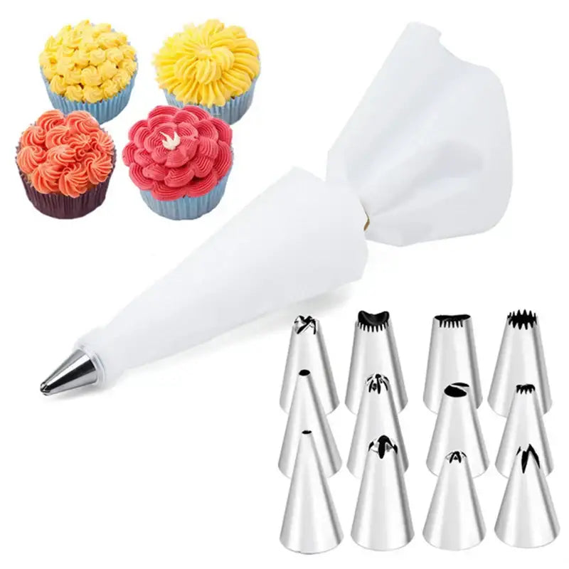 White silicone pastry bag with 29-piece stainless steel cream puff nozzles set for kitchen piping tools