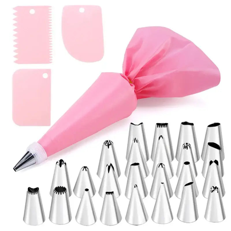 Pink silicone pastry bag with 29-piece stainless steel cream puff nozzles set arranged for kitchen piping tools