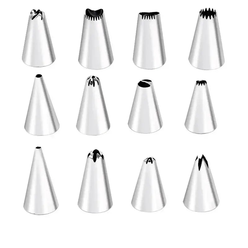 Set of twelve stainless steel cream puff nozzles with varied designs for precise baking in a 29-piece puff nozzles set