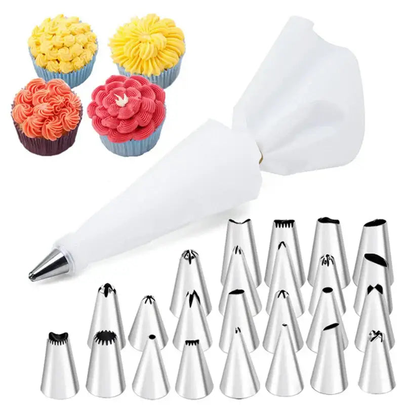 Set of 29-piece stainless steel cream puff nozzles with white piping bag for kitchen cake decorating tools