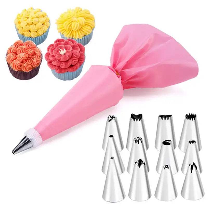 Pink silicone pastry bag with 29-piece stainless steel cream puff nozzles set for precise kitchen piping tools
