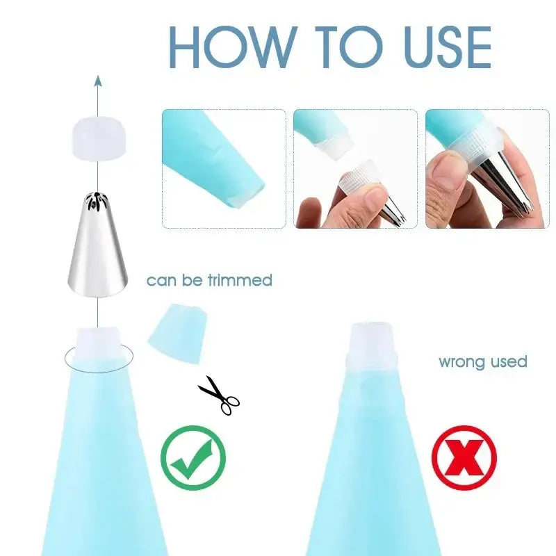 Light blue silicone pastry bag with silver metal piping tip and white cap included in 29-piece cream puff nozzles set