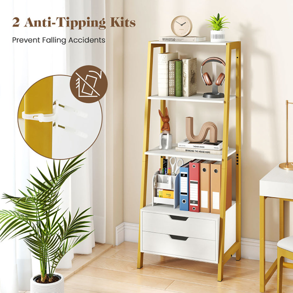 4-Tier Ladder Shelf With 2 Drawers 52.5 Inch Tall Freestanding Bookcase