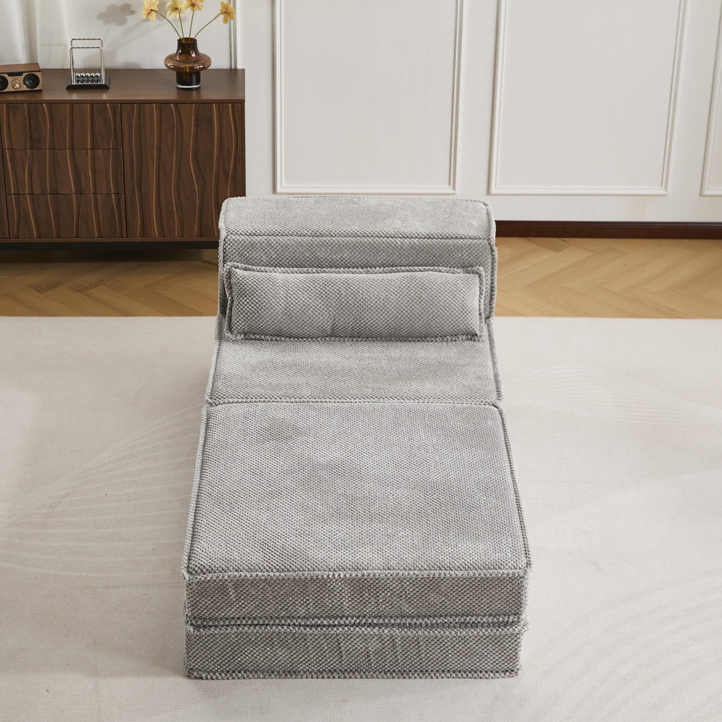 Compression Mahjong Sofa,Convertible Floor Sofa Bed,DIY Boneless Modular Sectional Sofa,No Assembly Required,Circle Fleece Fabric,Oversized Single Seater With 1 Pillow And 1 Ottoman,Light-grey