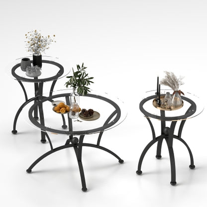 3 Piece Tempered Glass Surface Coffee Table Set Decor Coffee Table