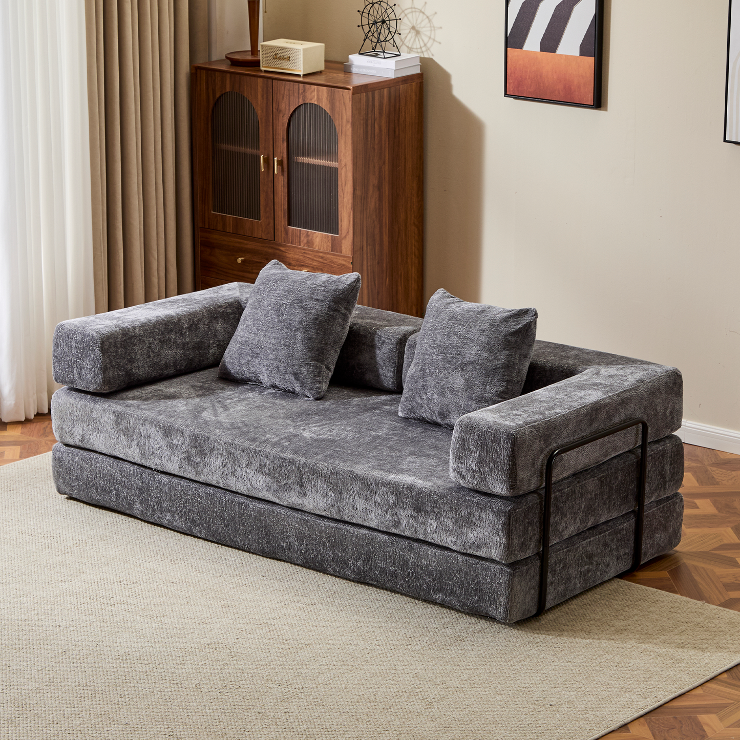 Floor Couch,Compression Sofa,Convertible Floor Sofa Bed-with Pillow Back Support Armrest,Comfy Futon Couch Lounge Sleeper Bed,Chenile Fabric,for Living Room Bedroom DARK-GREY