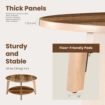 Round Coffee Table, 32 Wood Coffee Tables For Living Room With Storage, 2-Tier Center Circle Counter With Wooded Desktop