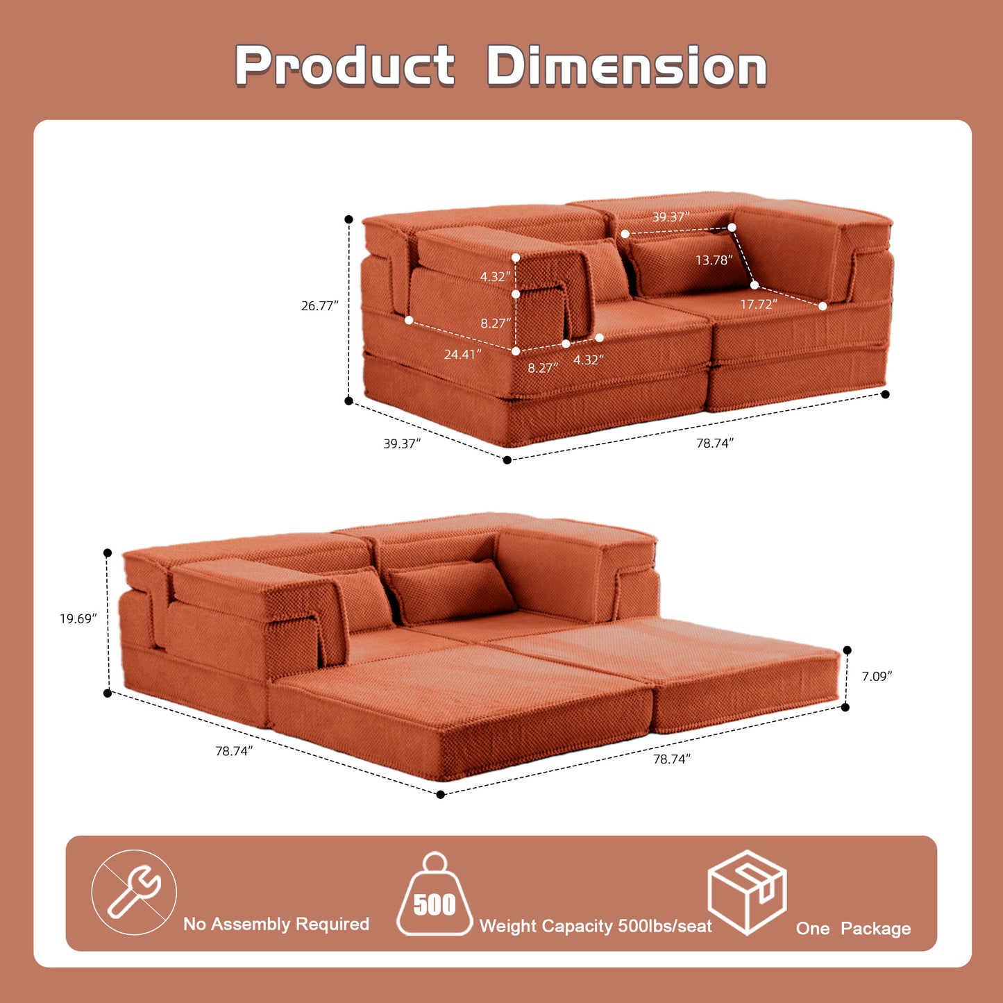 Compression Mahjong Sofa,Convertible Floor Sofa Bed,DIY Boneless Modular Sectional Sofa,No Assembly Required,Circle Fleece Fabric,Modern Oversized Loveseat,Orange