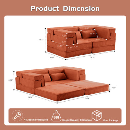 Compression Mahjong Sofa,Convertible Floor Sofa Bed,DIY Boneless Modular Sectional Sofa,No Assembly Required,Circle Fleece Fabric,Modern Oversized Loveseat,Orange
