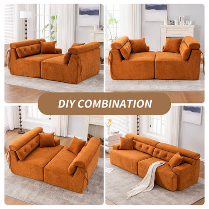 LY-029 ORANGE COMPRESSION SOFA 4-seater Combined Sofa, Wood Grain Chenille Fabric, Full Sponge Compression Sofa,combined Sofa With 2 Pillows For Living  Home Furniture  Apartment