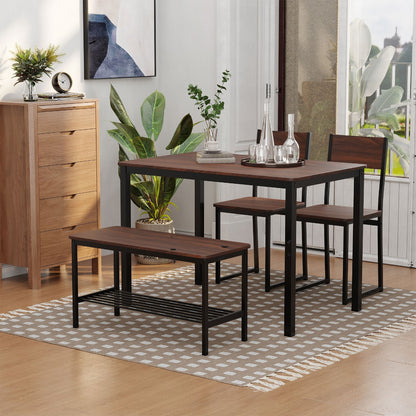 Industrial 4 Piece Dining Room Table Set with Bench Kitchen Table and Chairs w/ Storage Rack for Kitchen