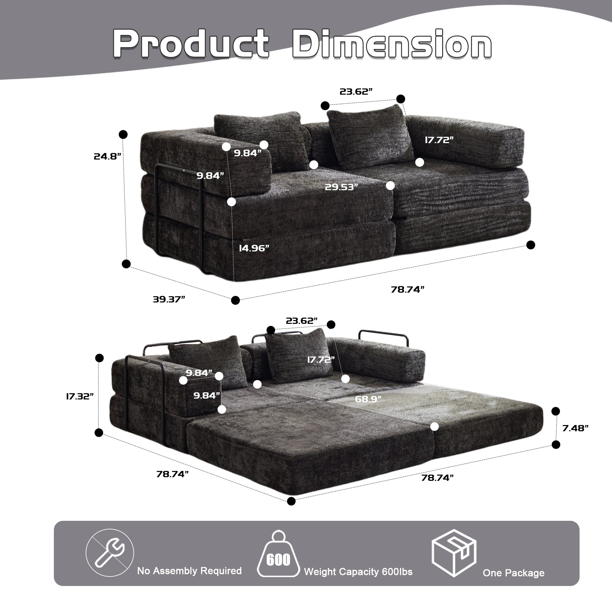 Black Chenille Loveseat Sofa Compact Fixed Frame