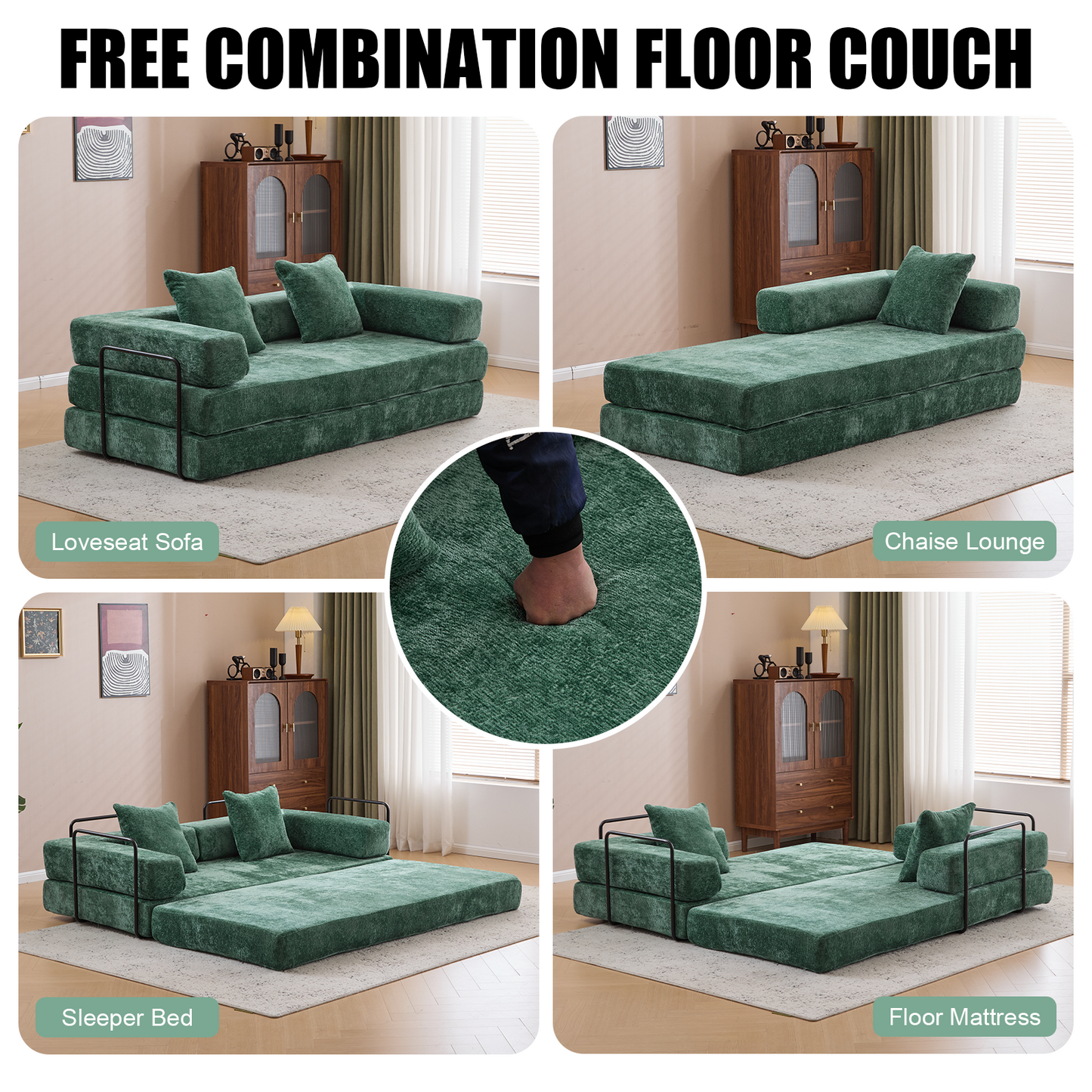 Floor Couch,Compression Sofa,Convertible Floor Sofa Bed-with Pillow Back Support Armrest,Comfy Futon Couch Lounge Sleeper Bed,Chenille Fabric,for Living Room Bedroom Dark Green