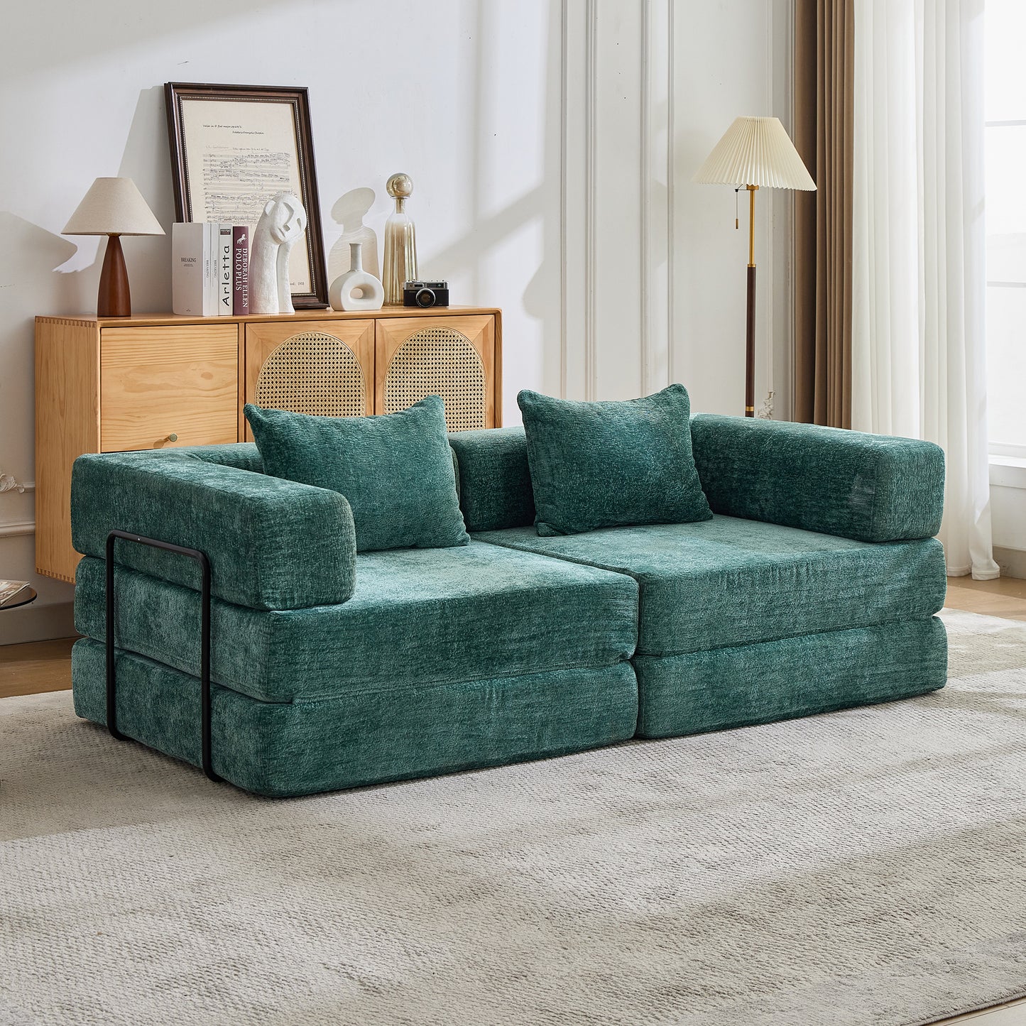 Compression Sofa,Convertible Floor Sofa Bed With Fixed-Shape Frame, Loveseats Boneless Modular Sectional Sofa,No Assembly Required,Chenille Fabric,for Living Room Bedroom,Dark Green