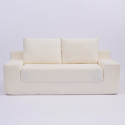 Loveseat Sofa, Comfortable Deep Seat Sofa Bed, Modern Small Corduroy Couch For Living Room Bedroom,Reversible Cushion With Pillows,No Assembly Required,White