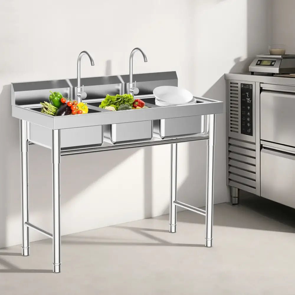 3-Compartment Sink, Stainless Steel Commercial Kitchen Sink with 2 Faucets, Large Laundry Wash Basin for Restaurants, Bathroom - Decorbites