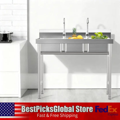 3-Compartment Sink, Stainless Steel Commercial Kitchen Sink with 2 Faucets, Large Laundry Wash Basin for Restaurants, Bathroom