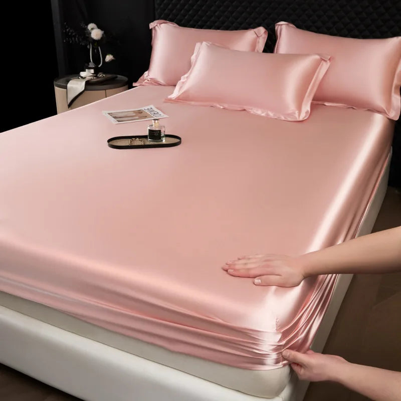 Pink satin high end 100 percent mulberry silk fitted sheet set with matching pillowcases solid color luxury