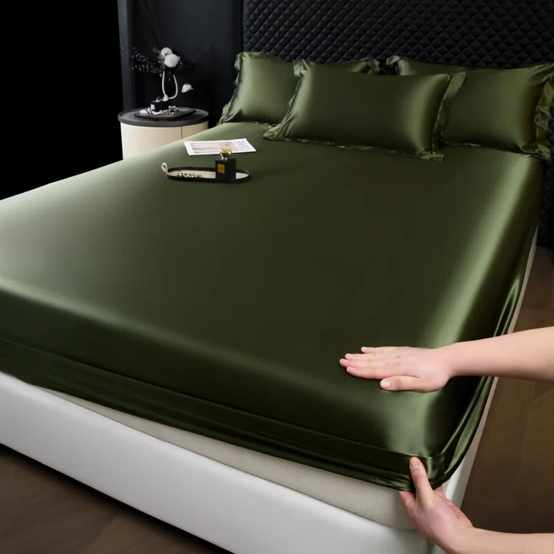Olive green high end 100% mulberry silk fitted sheet set with matching pillowcases soft smooth satin bed linen