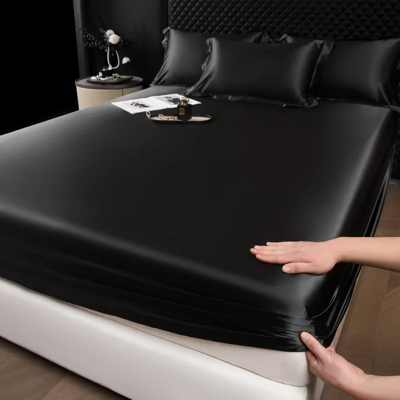 Black satin fitted sheet with smooth glossy finish part of 3 pcs high end 100% mulberry silk sheet set