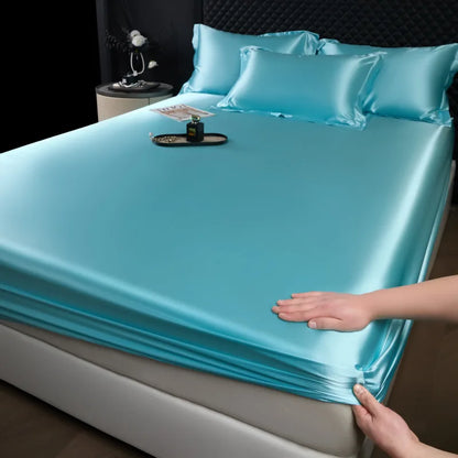 Light blue 3 pcs high end mulberry silk sheet set with fitted sheet and pillowcases soft smooth satin bed linen