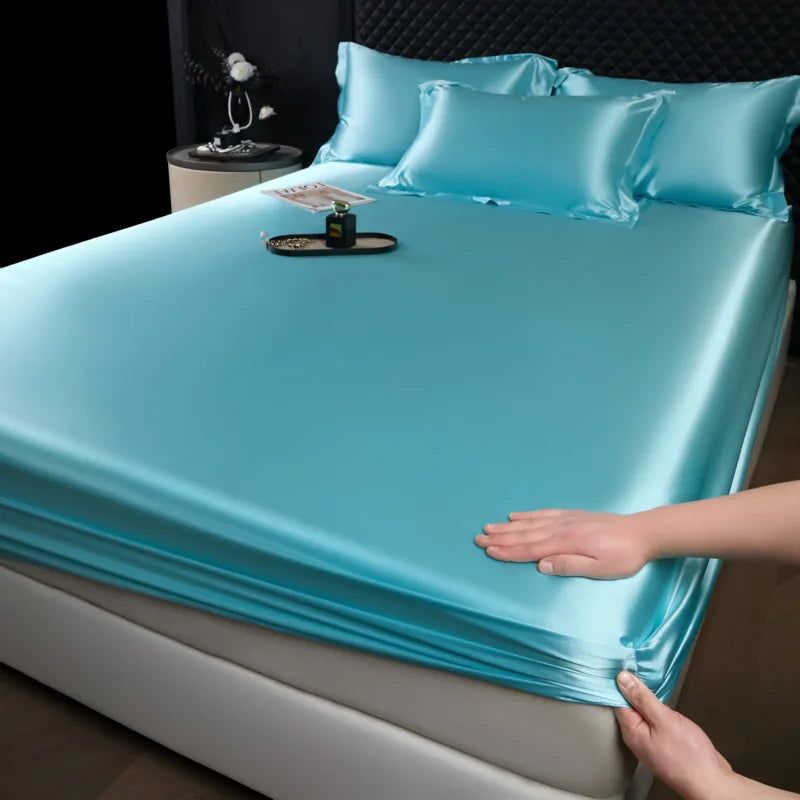 Light blue 3 pcs high end mulberry silk sheet set with fitted sheet and pillowcases soft smooth satin bed linen
