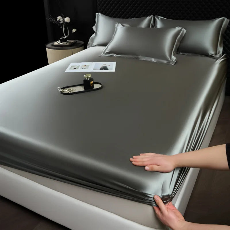 Silk-like gray satin sheet set with matching pillowcases featuring a fitted sheet made from 100 percent mulberry silk