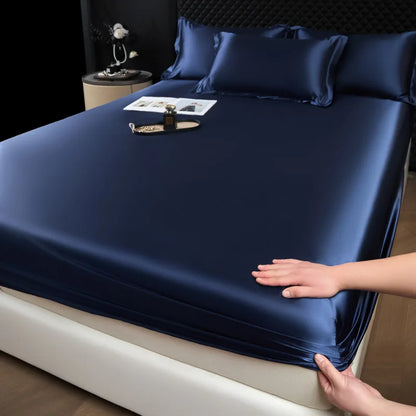 Deep navy 3 pcs mulberry silk sheet set with fitted sheet and pillowcases featuring smooth glossy satin finish