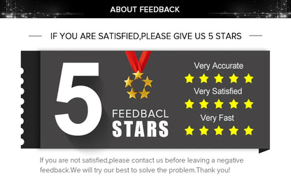 Black and white graphic design with gold stars and red ribbon promoting five-star feedback for silk fitted sheet set