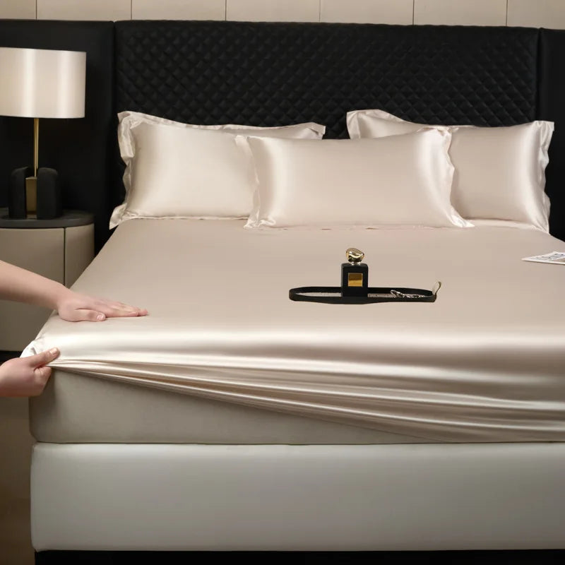 Cream-colored 3 pcs high end 100% mulberry silk fitted sheet set with soft smooth satin bed linen luxury finish