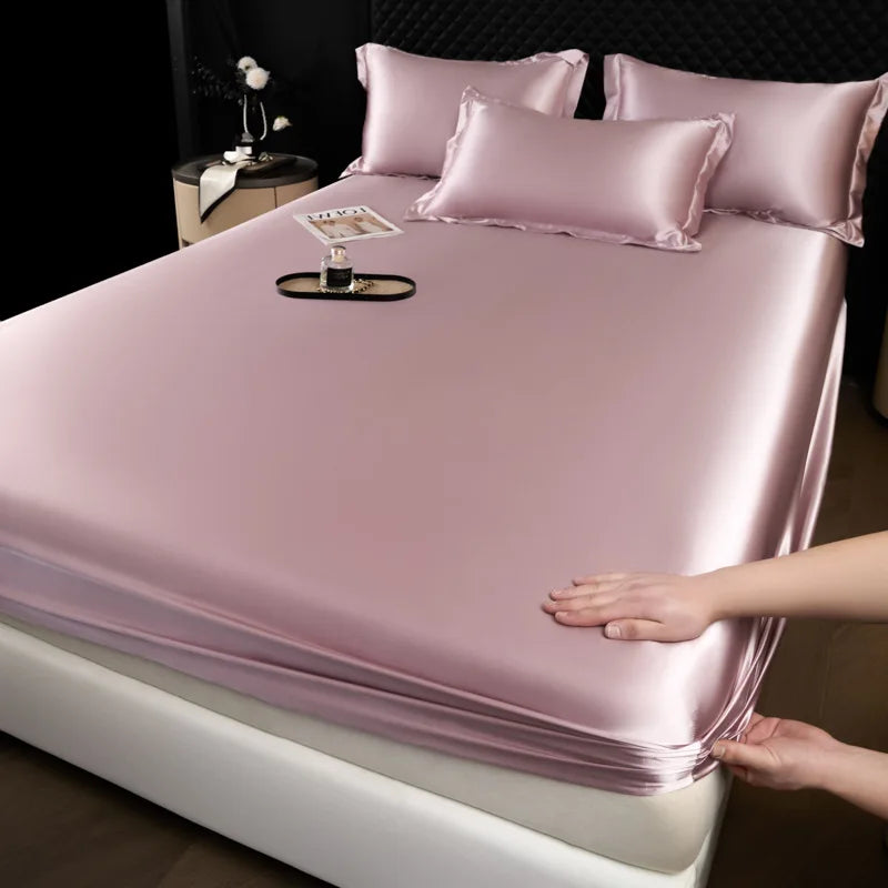 Soft satin-finish lavender fitted sheet and pillowcase set made from 100 percent mulberry silk luxury bed linen