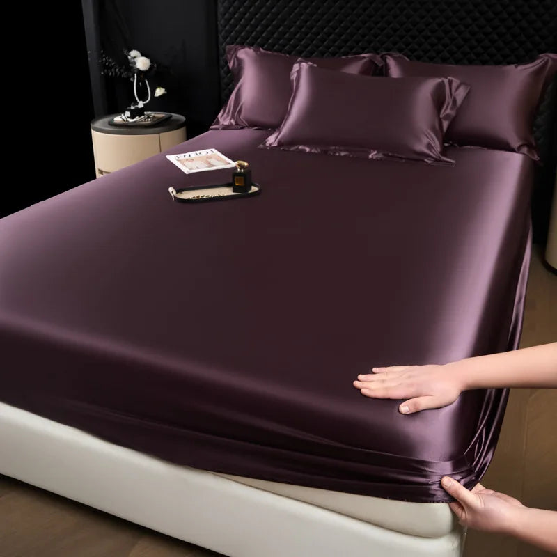 Purple satin 3 pcs mulberry silk sheet set with fitted sheet and pillowcases for luxury soft smooth bedding
