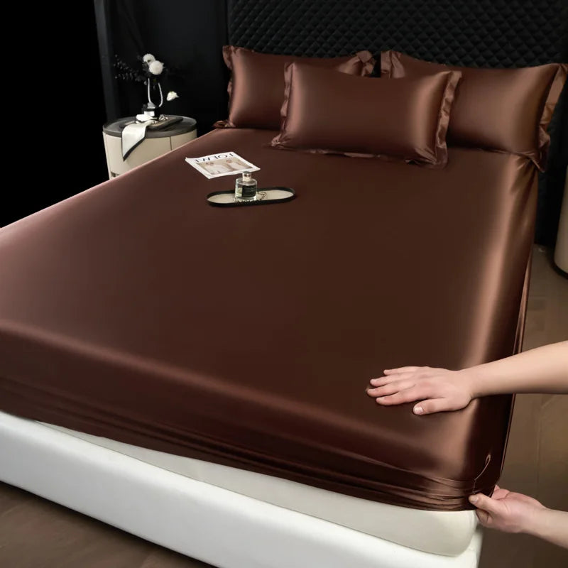 Brown satin 3 pcs high end 100 percent mulberry silk fitted sheet set with pillowcases luxury soft smooth bed linen