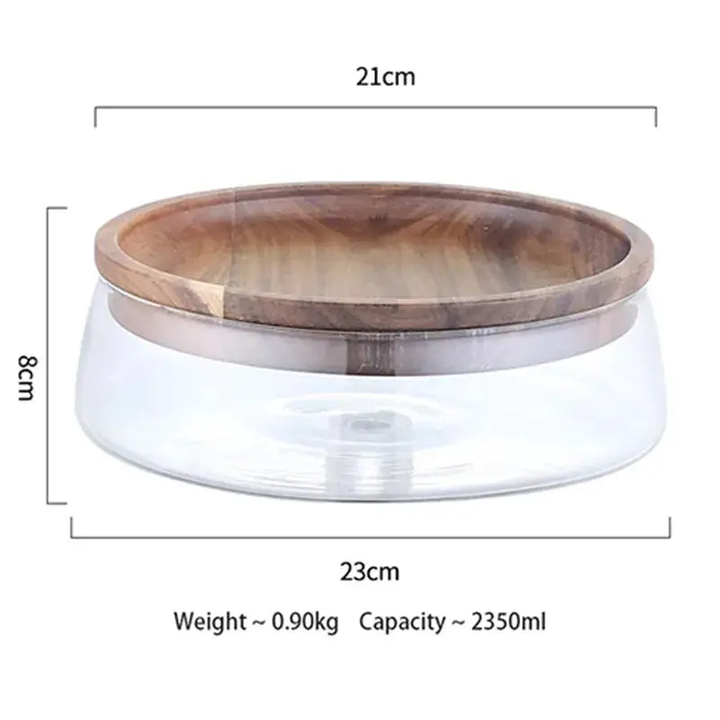 Clear glass food storage bowl with wooden rim and metallic band 23cm diameter for glass food storage containers