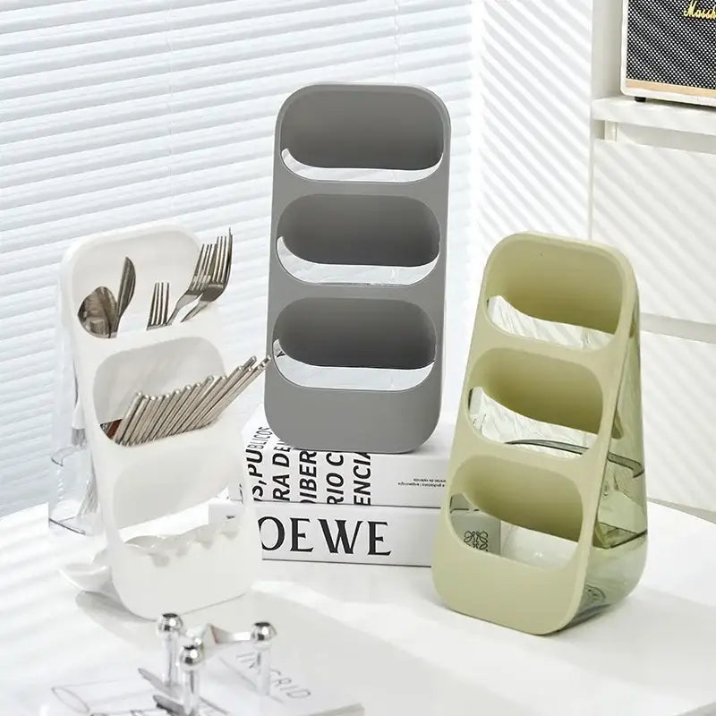 3-tier gray and sage green plastic kitchen utensil organizer and cutlery rack with tiered compartments for utensil storage