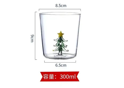 Clear glass 300ml 3d christmas tree wine tumbler with green tree design and yellow star topper for holiday dining