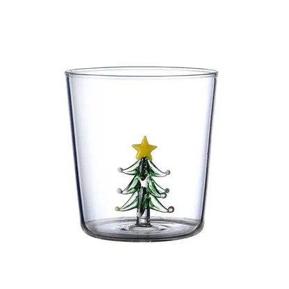 Clear glass 300ml 3d christmas tree wine tumbler featuring green and yellow glass christmas tree with star on top