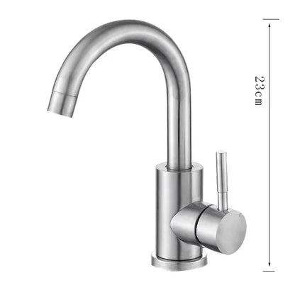 Stainless steel single handle bathroom basin faucet with sleek curved spout and cylindrical base for single hole installation