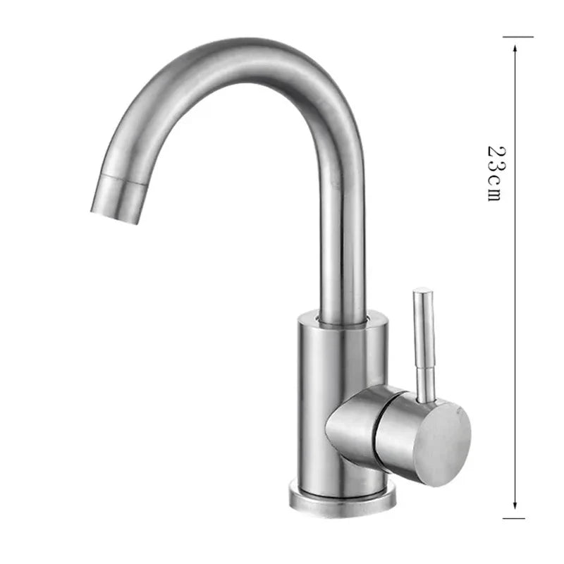 Modern brushed stainless steel single handle bathroom basin faucet with sleek curved spout and 360 rotating sink feature