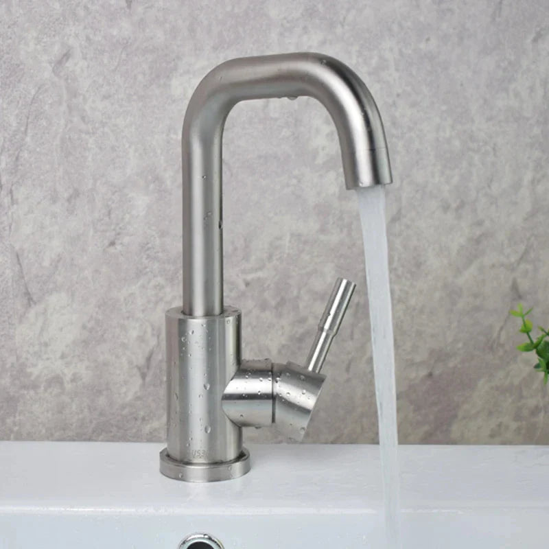 Modern brushed stainless steel single hole bathroom basin faucet with sleek curved spout and housing material 304 stainless steel