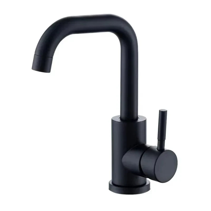 Black matte stainless steel single handle kitchen faucet with curved spout and cylindrical base for single hole installation