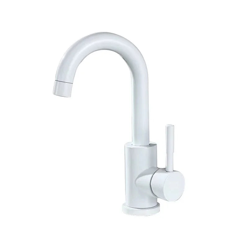 White modern stainless steel single handle bathroom basin faucet with sleek curved spout and 360 rotating sink design