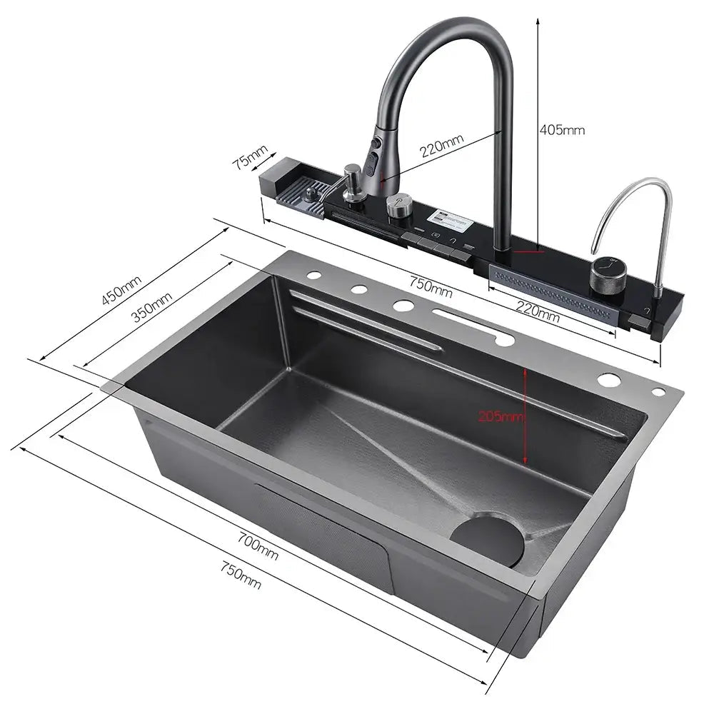 304 Stainless Steel Waterfall Kitchen Sink Large Single Slot Integrated Digital Display Faucet Set Soap Dispenser Cup Washer - Decorbites
