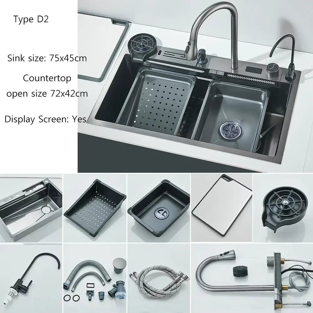 304 Stainless Steel Waterfall Kitchen Sink Large Single Slot Integrated Digital Display Faucet Set Soap Dispenser Cup Washer - Decorbites